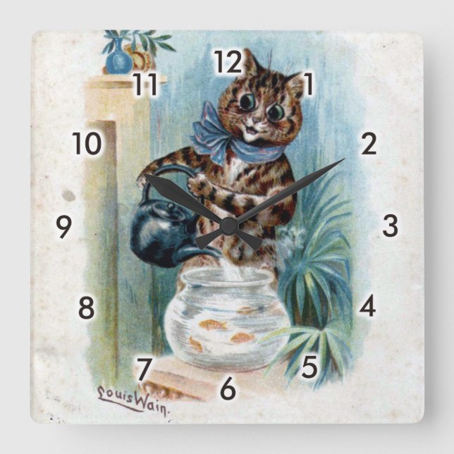 Katze mit einem Wasserkocher, Louis Wain Quadratische Wanduhr (Vorderseite)