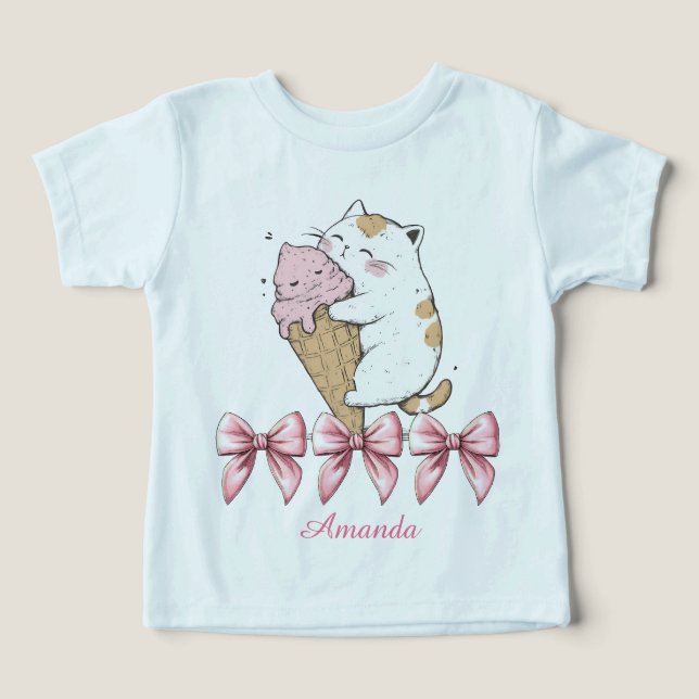 Katze mit Eiscreme und Name Kleinkind T - Shirt (Design Vorderseite)