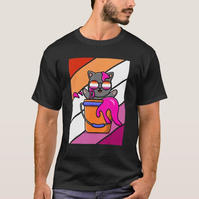 Katze mit farbenfroher lesbischer Flagge Lgbtq Sto T-Shirt (Vorderseite)