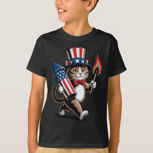 Katze mit Feuerwerken 4. Juli Kleinkind Kinder una T-Shirt