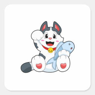 Katze mit Fisch Quadratischer Aufkleber