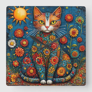 🌸 Katze mit floralem Körper naturinspirierte Ästh Quadratische Wanduhr