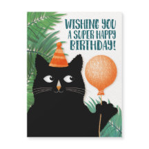 Katze mit Geburtstagshut, Luftballon und Pflanzen
