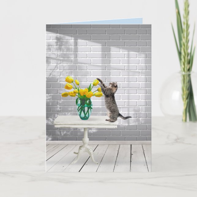 Katze mit gelben Tulissen Tag Karte (Vorderseite)