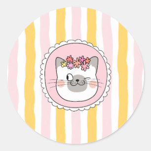 Katze mit gelben und rosa Streifen Runder Aufkleber