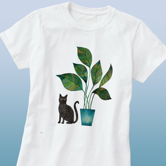 Katze mit getöpfter Pflanze Wasserfarbe T-Shirt (Cat with potted house plant watercolor art t-shirt)
