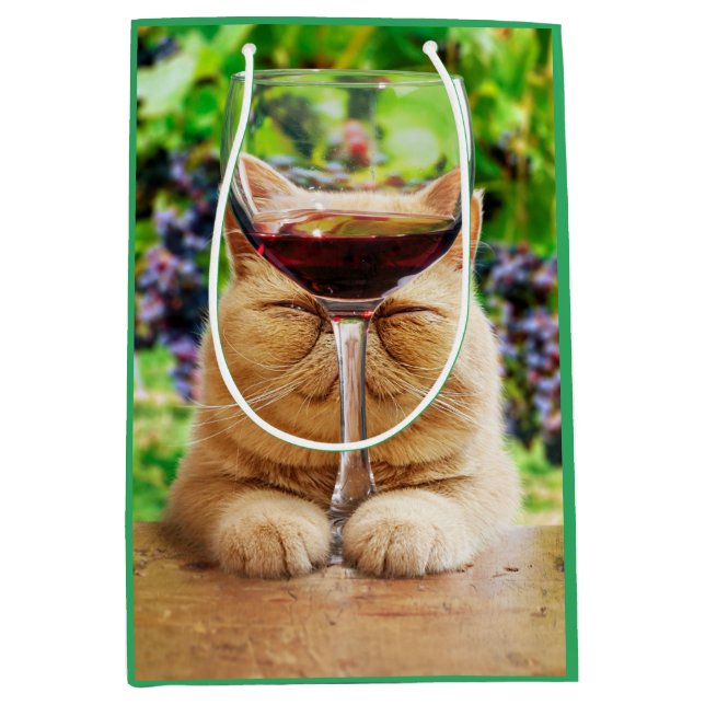 Katze mit Glas Wein Mittlere Geschenktüte (Vorderseite)
