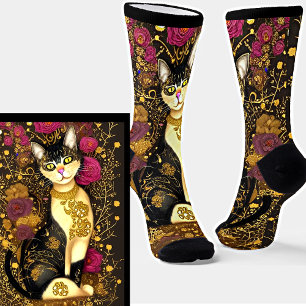 Katze mit goldenem Collar und dunkelrosa Blume Socken