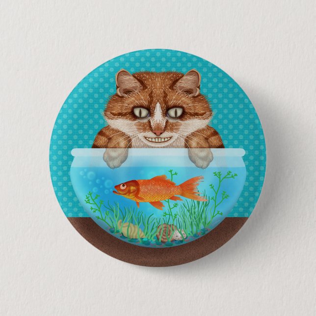 Katze mit Goldfish Bowl Funny Hungernd Grinning Ki Button (Vorderseite)
