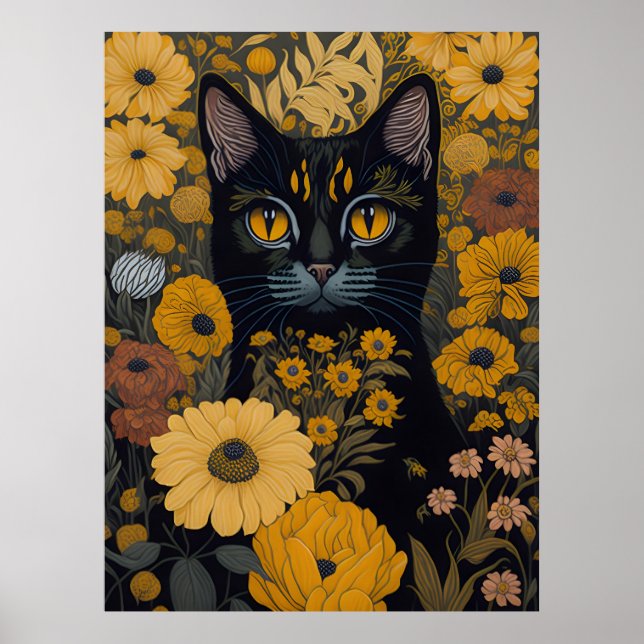 Katze mit großen Augen vor Blume #2 Poster (Vorne)