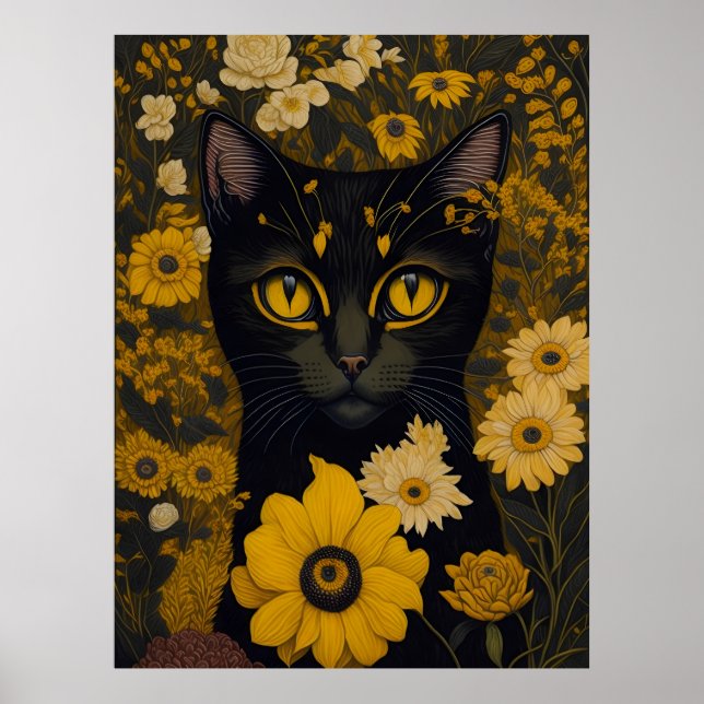 Katze mit großen Augen vor Blume Poster (Vorne)
