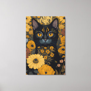Katze mit großen Augen vor Blumen #2 Leinwanddruck