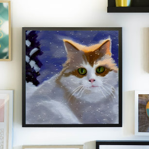 Katze mit grünen Augen an einem schneebedeckten Wi Poster