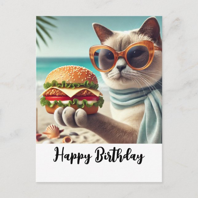 Katze mit Hamburger Happy Birthday Postkarte (Vorderseite)