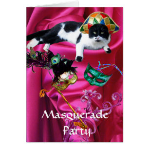 KATZE MIT HARLEKINHUT UND MASKENBALLMASKEN