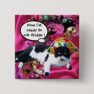 KATZE MIT HARLEQUIN HAT- UND MASQUERADE-PARTY BUTTON