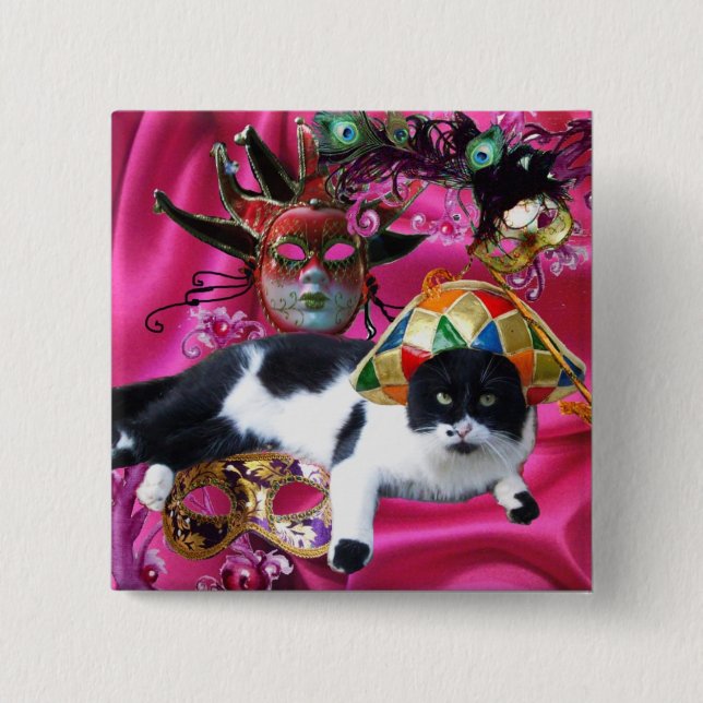 KATZE MIT HARLEQUIN HAT- UND MASQUERADE-PARTY BUTTON (Vorderseite)