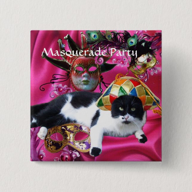 KATZE MIT HARLEQUIN HAT- UND MASQUERADE-PARTY BUTTON (Vorderseite)