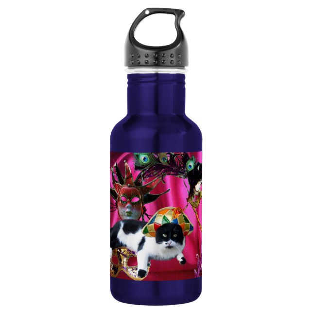KATZE MIT HARLEQUIN HAT- UND MASQUERADE-PARTY EDELSTAHLFLASCHE (Vorderseite)