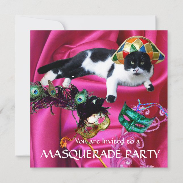 KATZE MIT HARLEQUIN HAT- UND MASQUERADE-PARTY EINLADUNG (Vorderseite)