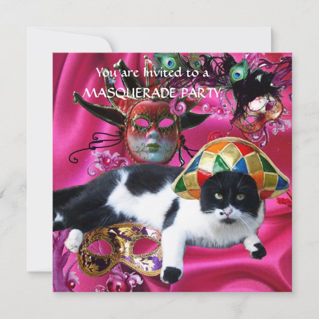 KATZE MIT HARLEQUIN HAT- UND MASQUERADE-PARTY EINLADUNG (Vorderseite)
