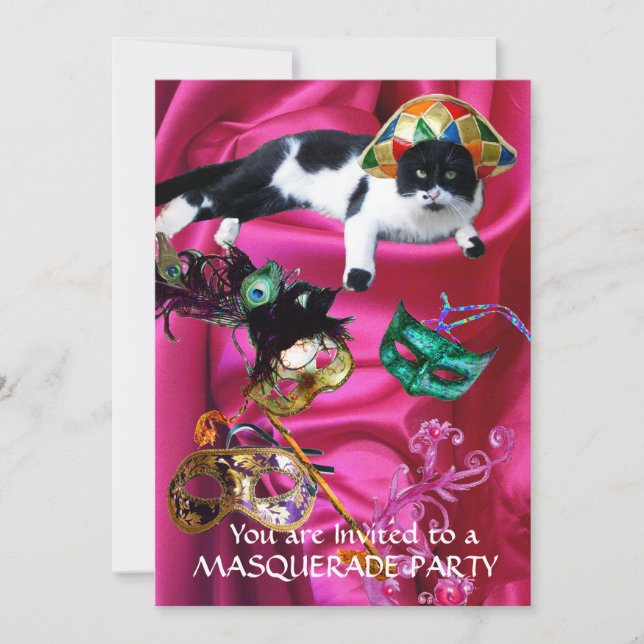 KATZE MIT HARLEQUIN HAT- UND MASQUERADE-PARTY EINLADUNG (Vorderseite)