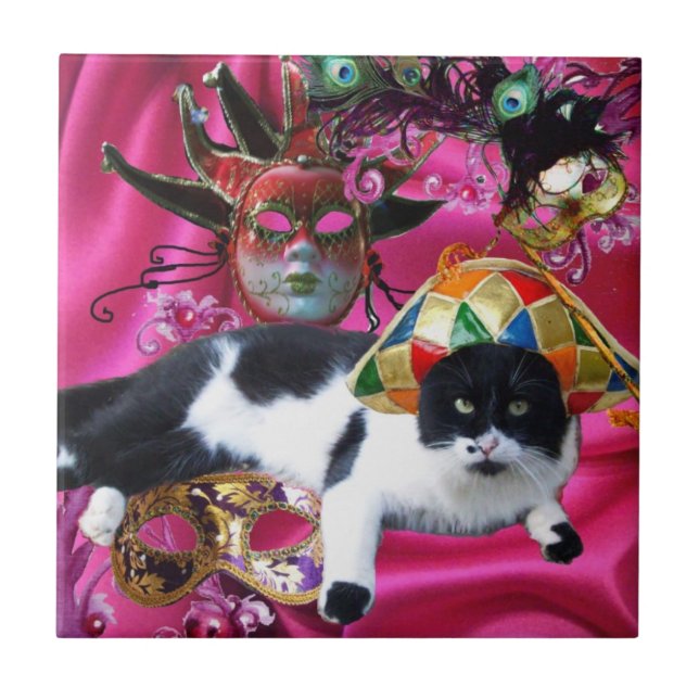 KATZE MIT HARLEQUIN HAT- UND MASQUERADE-PARTY FLIESE (Vorderseite)
