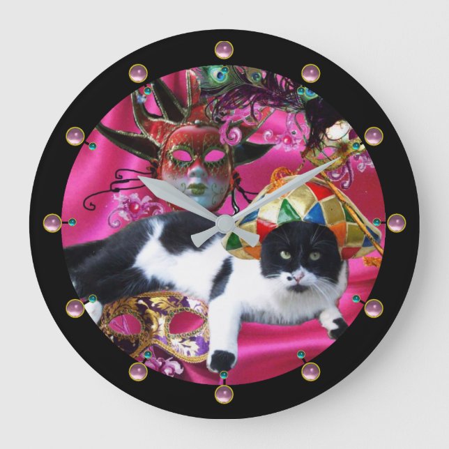 KATZE MIT HARLEQUIN HAT- UND MASQUERADE-PARTY GROßE WANDUHR (Vorderseite)