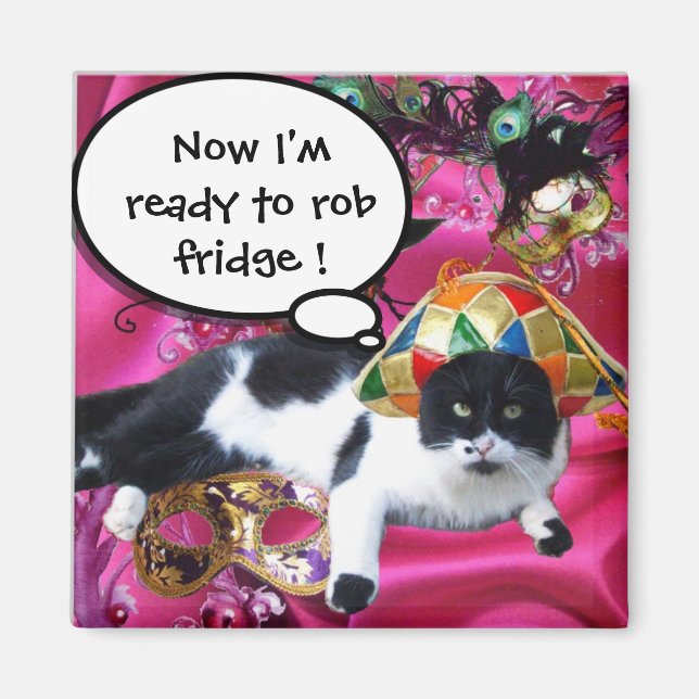 KATZE MIT HARLEQUIN HAT- UND MASQUERADE-PARTY MAGNET (Vorne)