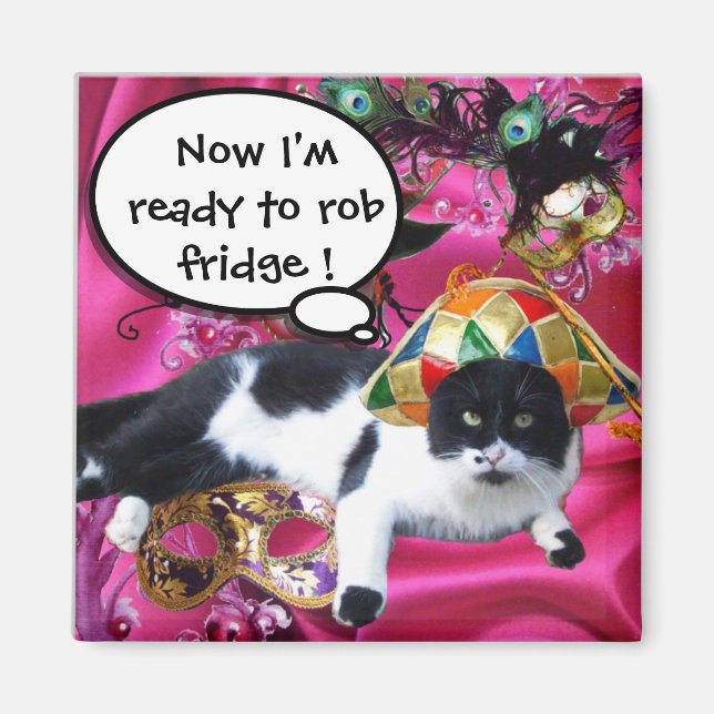 KATZE MIT HARLEQUIN HAT- UND MASQUERADE-PARTY MAGNET (Vorne)