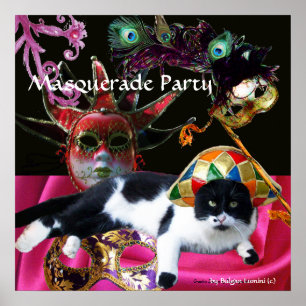 KATZE MIT HARLEQUIN HAT- UND MASQUERADE-PARTY POSTER