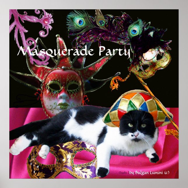 KATZE MIT HARLEQUIN HAT- UND MASQUERADE-PARTY POSTER (Vorne)