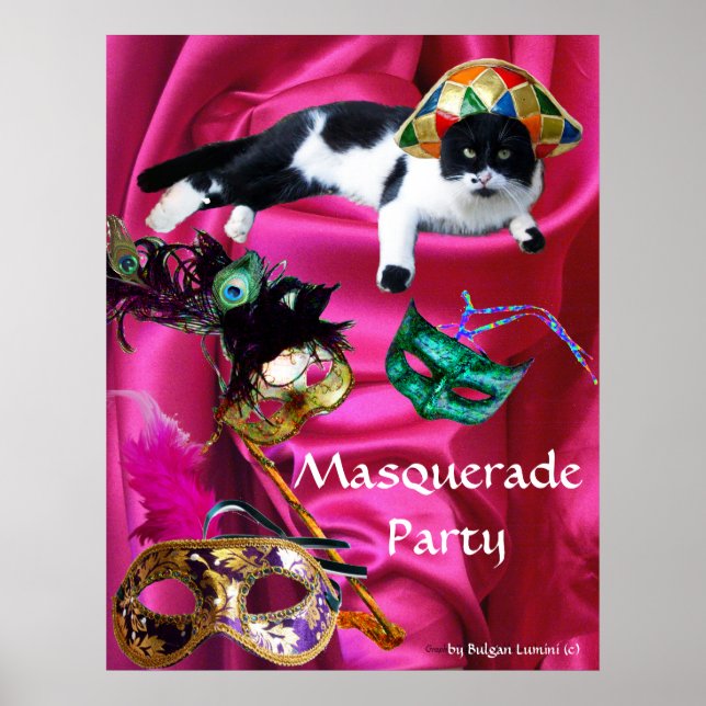 KATZE MIT HARLEQUIN HAT- UND MASQUERADE-PARTY POSTER (Vorne)