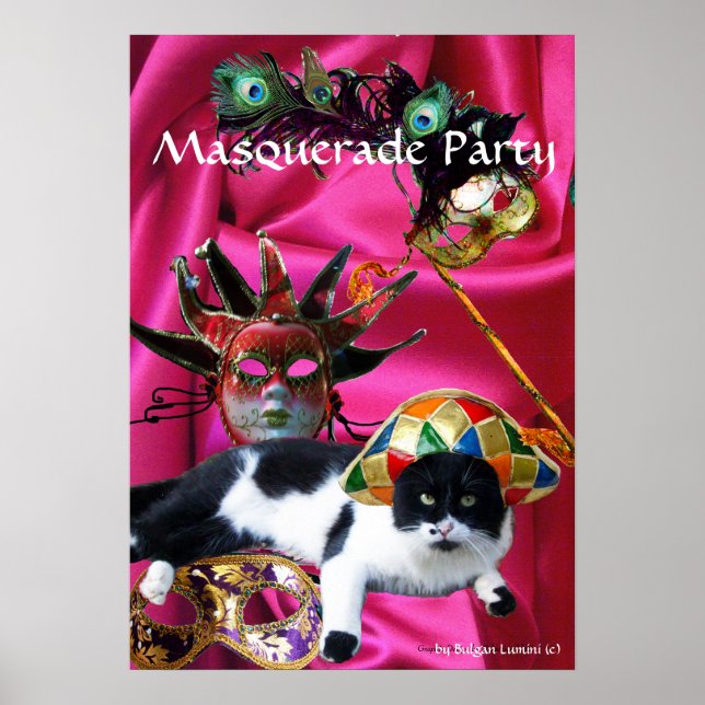 KATZE MIT HARLEQUIN HAT- UND MASQUERADE-PARTY POSTER (Vorne)