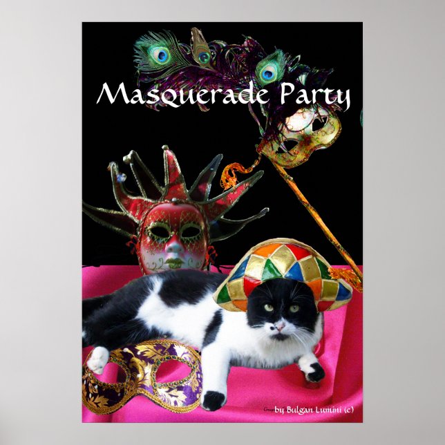 KATZE MIT HARLEQUIN HAT- UND MASQUERADE-PARTY POSTER (Vorne)