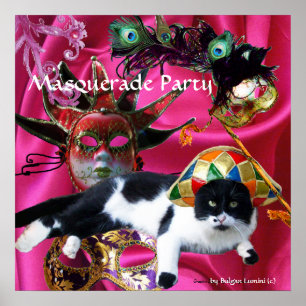 KATZE MIT HARLEQUIN HAT- UND MASQUERADE-PARTY POSTER