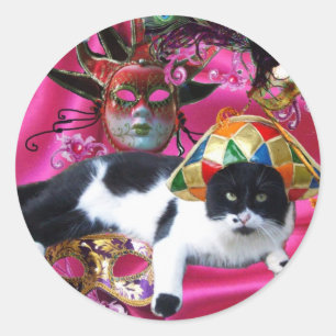 KATZE MIT HARLEQUIN HAT- UND MASQUERADE-PARTY RUNDER AUFKLEBER
