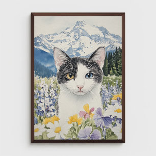 Katze mit Heterochromie auf einem Wildblumenfeld Poster