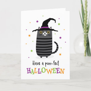Katze mit Hexe, die ein purrotes Halloween hat Karte