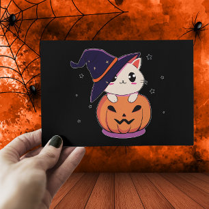 Katze mit Hexenhut in Halloween Kürbislaterne Postkarte