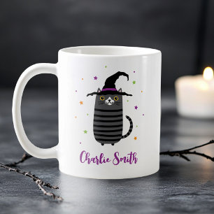 Katze mit Hexenhut und Name niedlich Halloween Kaffeetasse