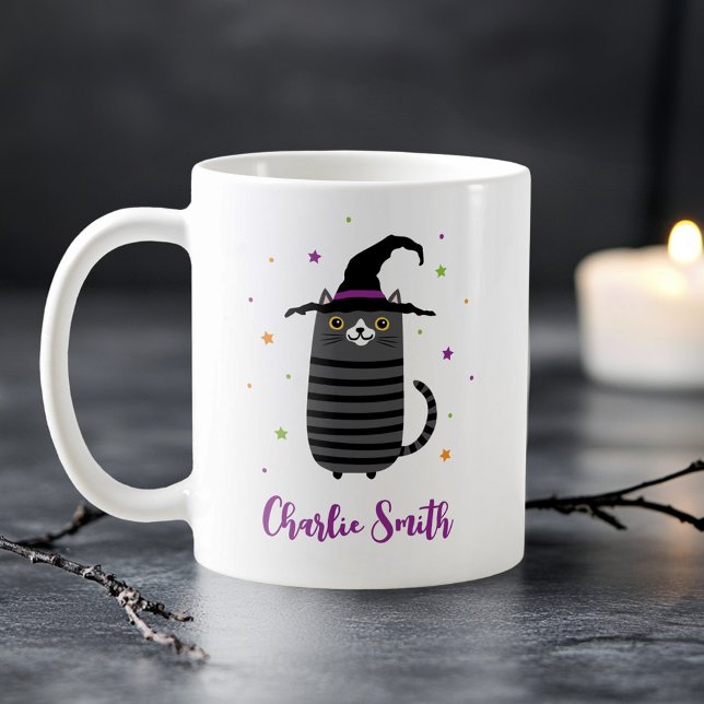 Katze mit Hexenhut und Name niedlich Halloween Kaffeetasse (Cat with witch hat and name cute Halloween Coffee Mug)