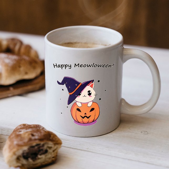 Katze mit Hexenhut zu Halloween Jack-O-Lantern Kaffeetasse (Von Creator hochgeladen)