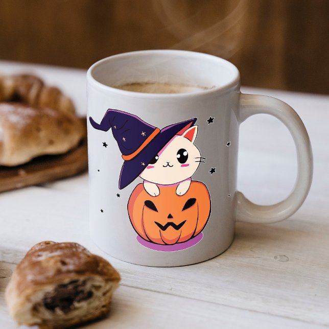 Katze mit Hexenhut zu Halloween Jack-O-Lantern Kaffeetasse (Von Creator hochgeladen)