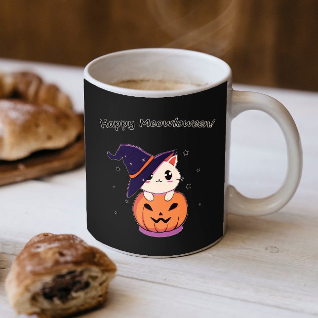 Katze mit Hexenhut zu Halloween Jack-O-Lantern Kaffeetasse (Von Creator hochgeladen)