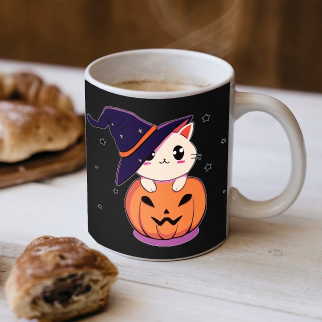 Katze mit Hexenhut zu Halloween Jack-O-Lantern Kaffeetasse (Von Creator hochgeladen)