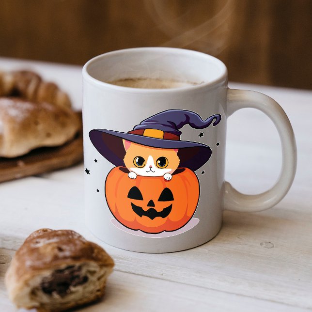 Katze mit Hexenhut zu Halloween Jack-O-Lantern Kaffeetasse (Von Creator hochgeladen)