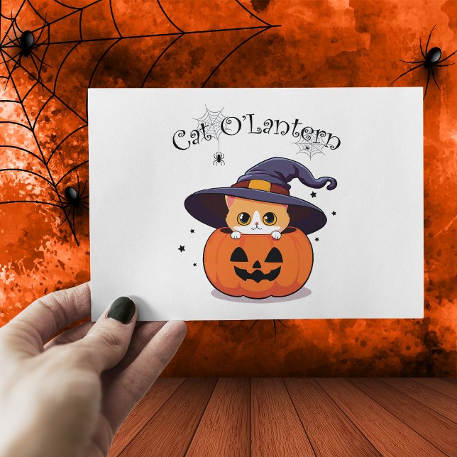 Katze mit Hexenhut zu Halloween Jack-O-Lantern Postkarte (Von Creator hochgeladen)
