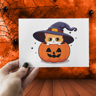 Katze mit Hexenhut zu Halloween Jack-O-Lantern Postkarte