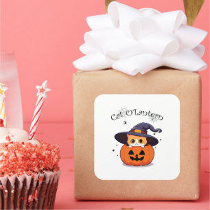 Katze mit Hexenhut zu Halloween Jack-O-Lantern Quadratischer Aufkleber